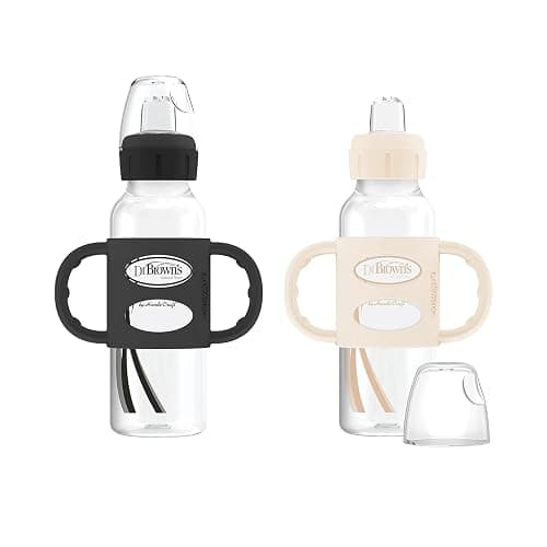 Dr. Brown's Milestones Narrow Sippy Spout Bottle with 100% Silicone Handles, Easy-Grip Handles with Soft Sippy Spout, 8oz/250mL, Black & Ecru, 2 Count (Pack of 1), 6m+ - 2 Pack, Black & Ecru - 2 Count (Pack of 1) - Image 1