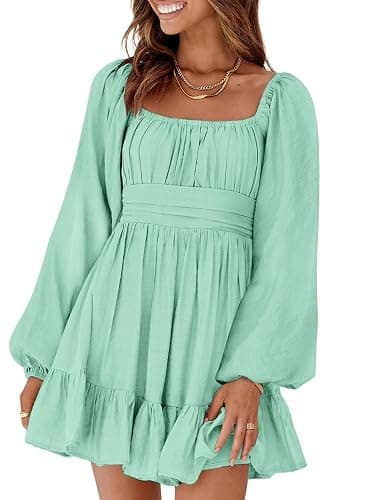 Dokotoo Womens Dress Long Lantern Sleeve Square Neck Tie Backless Sexy Dress Ruffle Elastic Waist A-Line Mini Dress - Image 1