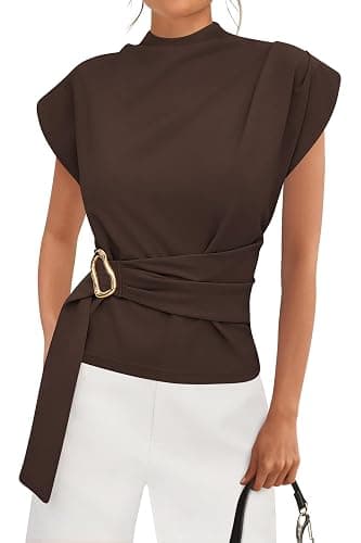 PRETTYGARDEN Women Blouses Spring Dressy Cap Sleeve Mock Neck Work Shirts Buckle Tunic Summer Business Casual Tops 2026 - Image 1