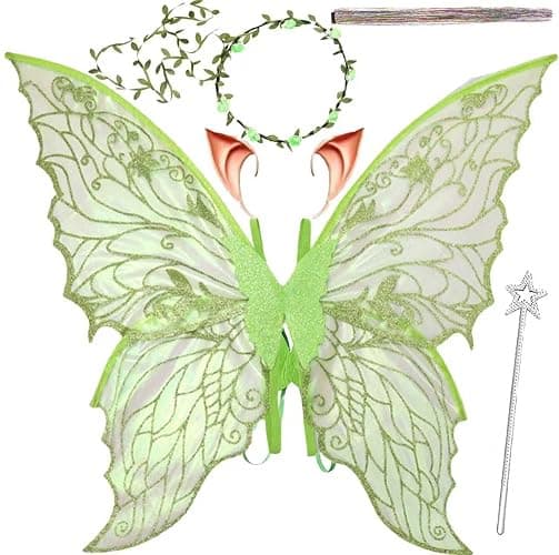 Fairy Wings for Adults,Fairy Costume Set with Floral Garland, Fairy Hair Tinsel, Wand & Elf Ears – 29"x21" Organza Butterfly Wings – Ideal for Cosplay, Party, Green - Image 1