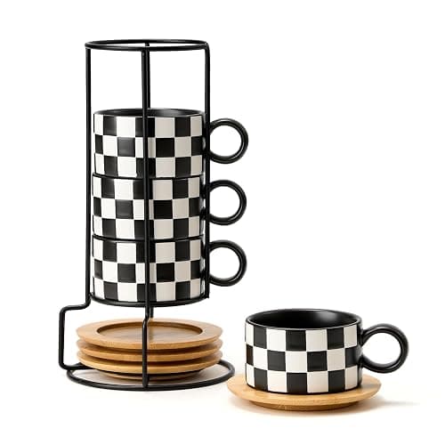 LUKA 6 Ounce Ceramic Stackable Black and White Checkered Espresso Cups with Saucers and Metal Stand Set of 4, Cappuccino Cups Set for Coffee Drinks, Latte, Cafe Mocha and Tea, Black Interior - Image 1