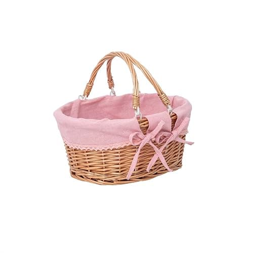 Small Wicker Basket with Removable Pink Liner, Willow Storage Basket for Gifts with Double Handles, Easter Basket,Wedding,Egg Gathering,Pink - Image 1
