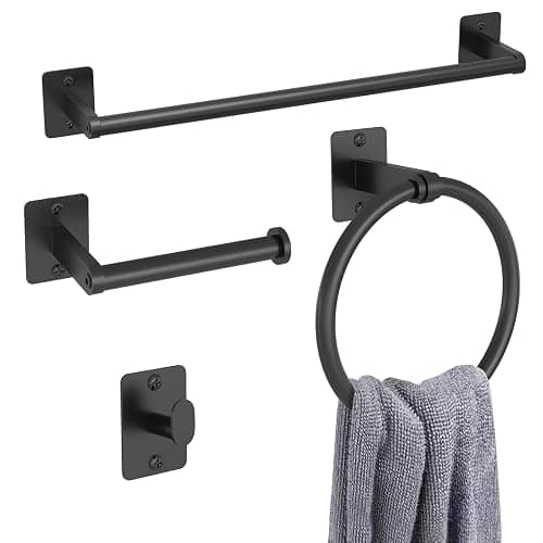 KLJKPA Black Bathroom Accessories Set, 4-Piece Bathroom Hardware Set | 16 inch Towel Bar, Towel Racks for Bathroom, Robe Towel Hooks, Toilet Paper Holder Wall Mounted - Image 1
