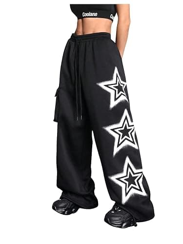 BEAUDRM Women's Y2k Baggy Sweatpants Star Print Drawstring Elastic Waist Baggy Pants Wide Leg Fleece Lined Cargo Sweatpants - Image 1