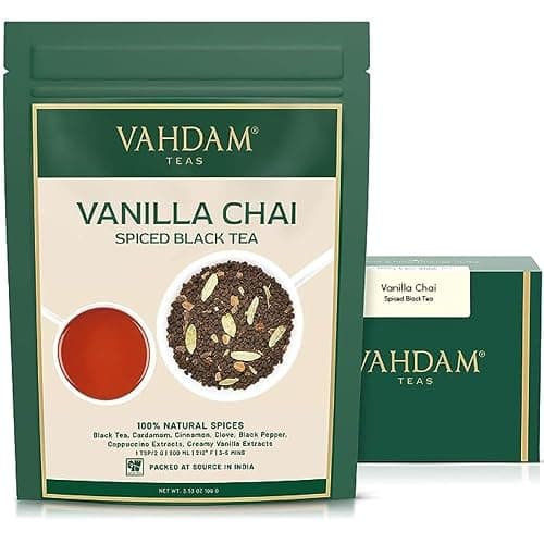 VAHDAM, Tè Chai alla Vaniglia (100g, 100+ Tazze) Deliziosa Miscela di Tè Masala Chai in Foglie e Vaniglia | Sottovuoto | Perfetto per Chai Latte, da Preparare Caldo o Freddo - Image 1