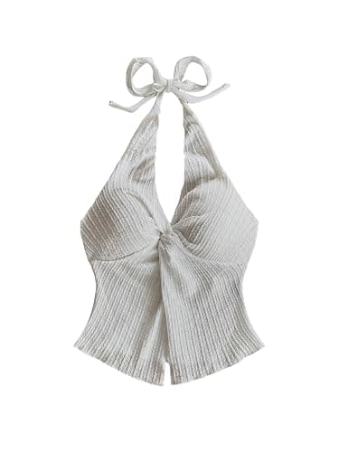 QJQ Women's Halter Tops Twist Front Slit Backless Cute Summer V Neck Tank Top Vacation Outfits 2025 - Image 1