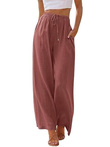 LILLUSORY Women's Linen Summer Palazzo Pants Flowy Wide Leg Beach Pants with Pockets - Small - Brick Red - Image 1