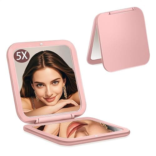 CYHTSHFZ Small Compact Mirror for Purse,5X/1X Travel Magnifying Mirror for Women, Makeup Mirror for Girls, Portable Ultra Slim Pocket Mirror(Pink) - Image 1