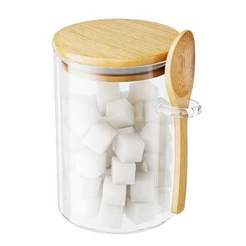 KOIKEY Sugar Jar Glass Salt Container,15 Ounces Clear Airtight Caning with Bamboo Lid and Spoon Scoop, Storage Overnight Oats, Salts, Coffee Bean, Spice, Creamer, Food Organizer, Pack of 1 - Image 1