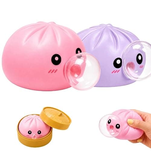 2pcs Dumpling Bubble Blowing Squishy, Mini Steamer Basket Stress Relief Fidget Toy, Soft Squeeze Toy for Anxiety, Office Desk, Pink and Purple - Image 1