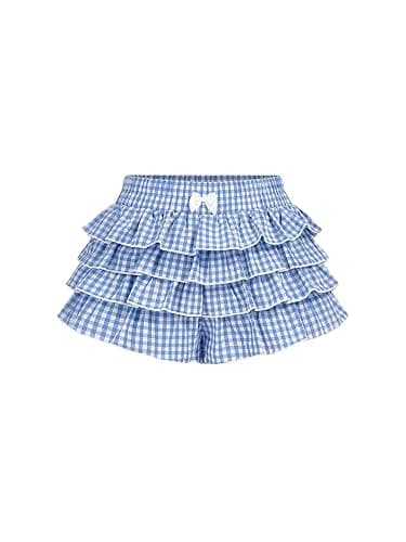 BEAUDRM Women's Y2K Gingham Short Elastic Waist Bow Knot Shorts Tiered Layer Ruffle Mini Shorts - Medium - Blue and White - Image 1