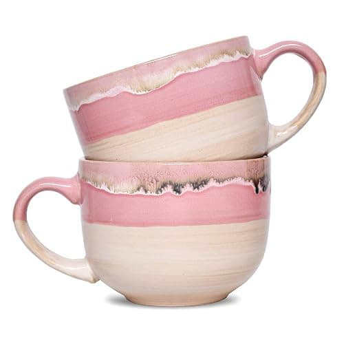 Bosmarlin Large Ceramic Coffee Mug Set of 2, Stoneware Jumbo Latte Mugs Tea for Office and Home, 16 Oz, Dishwasher and Microwave Safe(Pink, 2) - Image 1