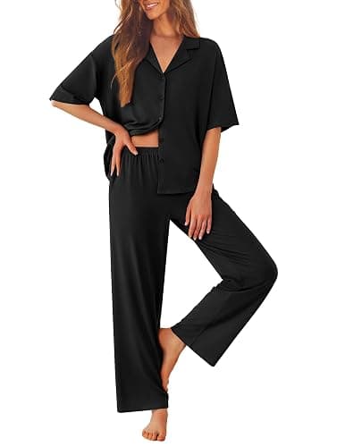 Ekouaer Women Pajamas Set Button Down Sleepwear Short Sleeve Pjs Soft Comfy Nightwear with Long Pants S-XXL - Image 1