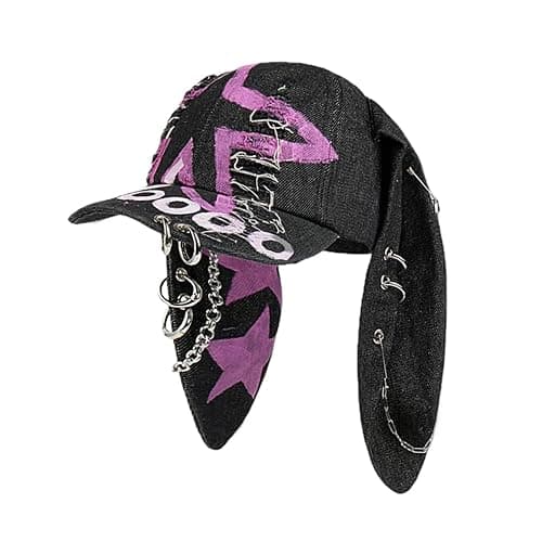 THESSNCE Y2k Hat Punk Hats Denim Bunny Hat Chains Distressed Baseball Cap Kpop Outfits Y2k Grunge Hats for Women - Image 1