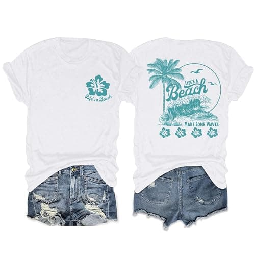 KEEVICI Hawaiian Beach T Shirts for Women Hibiscus Flower Palm Tree Shirt Tropical Graphic Tees Summer Beachy Vacation Tops - Image 1