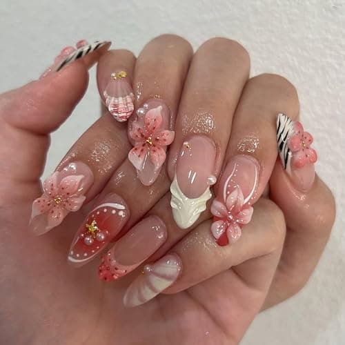 Flower Press on Nails Medium Almond French Tip Fake Nail 3D Pearl False Nails with Starfish Design Gradient Floral Acrylic Nails Full Cover Artificial Stick on Nail for Women DIY 24 Pcs - Image 1