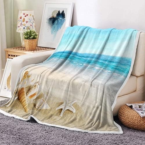 JAWO Beach Throw Blanket, Blue Ocean Beach Decor Travel Blanket, Cozy Microfiber Warm Flannel Blankets and Throws for Couch Sofa Bedding Living Room 50x60 Inches - Blue - 50x60 IN - Image 1