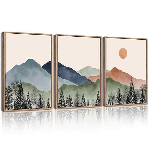 KUVIOKE Mountain Landscape Framed Wall Art Watercolor Nature Painting Boho Sun Rise Prints Farmhouse Rustic Room Decor Ready to Hang 12x16in (Natural Framed) - Image 1