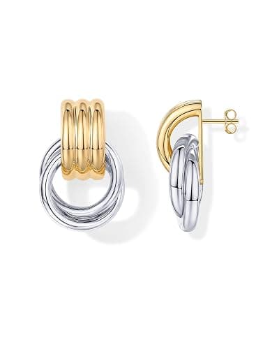 PAVOI 14K Gold Plated Door Knocker Statement Earrings for Women - Chunky Gold Earrings for Women - Trendy Mixed Metals Bold Knot Drop Dangle Jewelry - Image 1