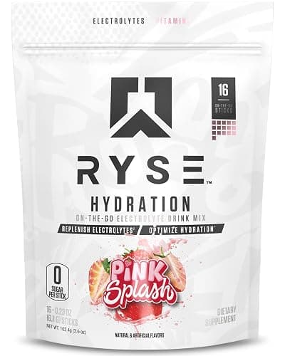 RYSE Hydration Electrolyte Powder Drink Mix Packets - Pink Splash - Sugar-Free Full Spectrum Electrolytes with Essential Vitamins, Taurine and Choline for Rehydration - 16 Serving Sticks - Image 1