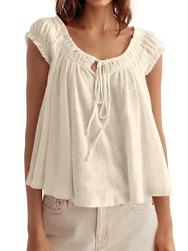 Tankaneo Women Summer Tie Front Tank Tops Cap Sleeve Pleated Babydoll Tops Casual Loose Fit Going Out Flowy Shirt - Image 1