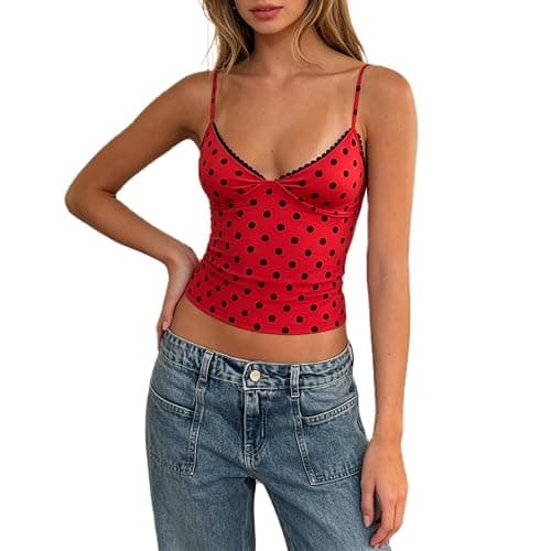 Women Lace Trim Tank Tops Y2k Polka Dot Sleeveless Backless V Neck Cropped Camisole Cute Summer Going Out Streetwear - Image 1