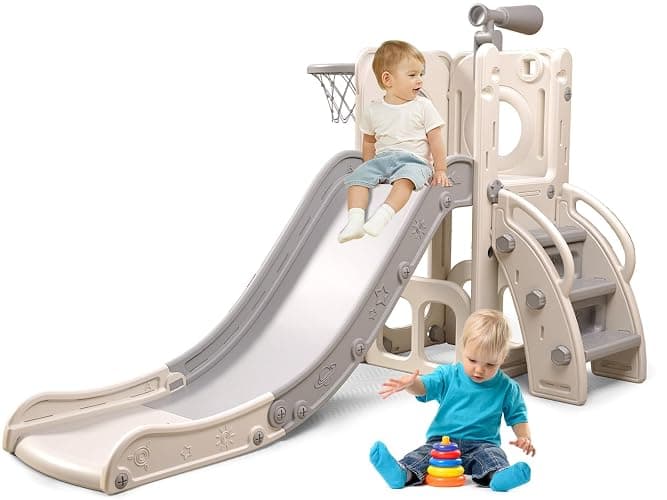 6 in 1 Toddler Playset with Slide,Toddler Slide,Slide for Kids with Basketball Hoop,Ball,Ring Toss,Kids Slide Toddler Playground Toddler Slide Indoor Outdoor Toys - Image 1
