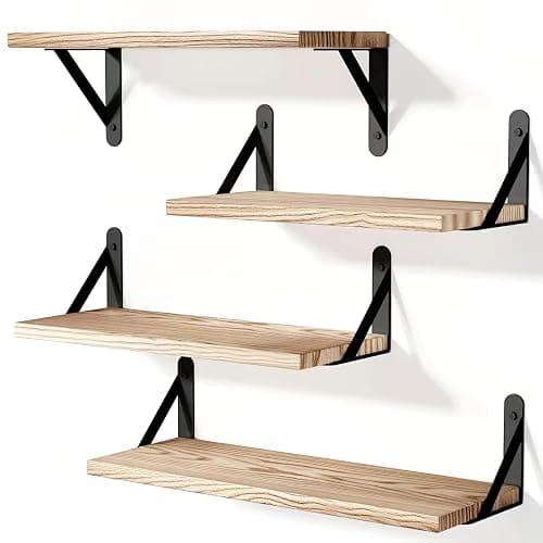 Qaxinmi Set of 4 Floating Shelves for Wall Décor and Storage, Light Brown | Includes 3 Sizes: 30/35/40 cm, 40 lb Capacity per Shelf, Rustic Wood Shelves for Bathroom, Kitchen, Living Room, Bedroom - Image 1