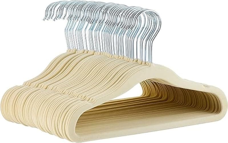 Amazon Basics Kids Velvet, Space Saving, Non-Slip Clothes Hangers for Infant and Toddler, Durable, 11.6 inches (for Baby Clothes), Pack of 50, Beige - Image 1