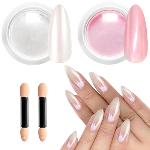 Pearl Chrome Nail Powder BISHENGYF -【Fairy Effect】Pink Chrome Nail Powder White Pearlesent Aurora Mermaid Iridescent Nail Chrome Powder, Metallic Mirror Glitter Pigment Dust For Nail Art DIY 2PCS - Image 1