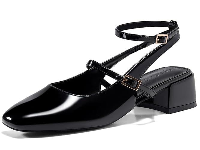 Coutgo Womens Mary Jane Chunky Low Heels Closed Square Toe Ankle Strap Pumps Wedding Party Dress Shoes - Image 1