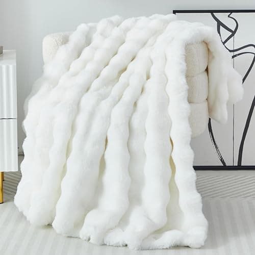 Faux Fur Throw Blanket Fleece Bubble Blanket Casa Carina-Super Soft Fluffy Fuzzy Blanket Plush Blanket-Cozy and Thick for Couch Chair Bed 130x160cm(51x63in) White - Image 1