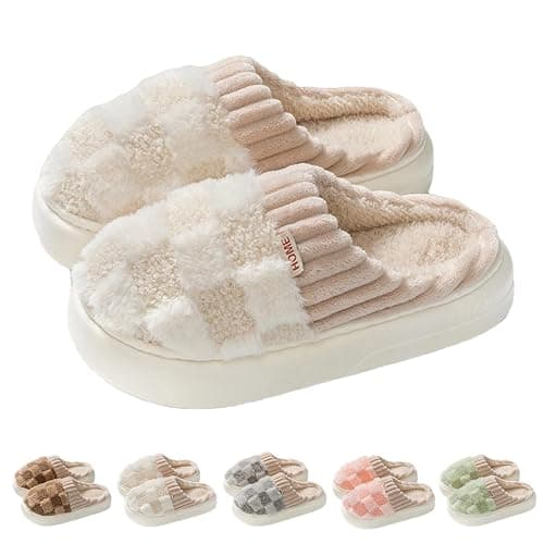 VTTDB Checkered Slipper House Slippers for Women Men Plush Warm Fuzzy Slippers Flyffy Bedroom Shoes Indoor Slip On - Image 1