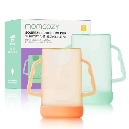 Momcozy Squeeze Pouch Holder for Food Pouches and Drink Boxes, Baby Pouch Holder Allows Baby to Self-feed and Avoid Messes, Baby Food Pouch Holder Handle is Easy to Grip, Comfortable, Green&Orange - Image 1