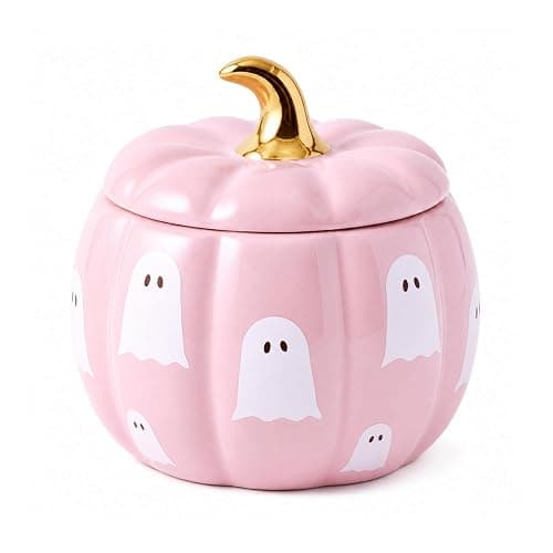 Potchen Pink Ghost Pumpkin Shaped Candle Jar 9 oz Ceramic Candle Holder | Pumpkin Spice Candle Jar, Gold Stem Lidded, Fall Scents Gifts for Women, Halloween/thanksgiving Home Decor - Image 1