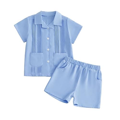 Xnqiwq Kids Toddler Guayaberas Summer Outfits Boys Guayabera Shirts Cuban Short Sleeve Button Down Shirt and Shorts Set 2Pcs - Image 1