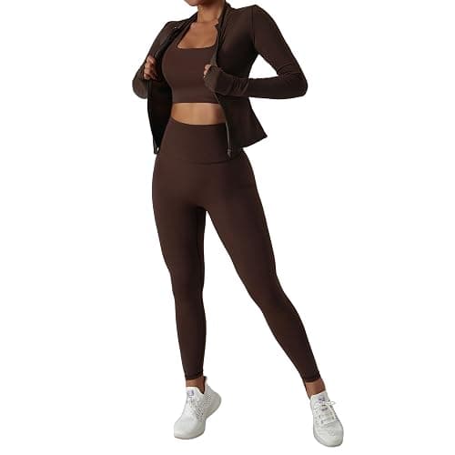 Women’s 3 Piece Workout Set – Sports Bra, Leggings & Jacket with Thumbholes – Yoga Outfit Activewear for Gym Running Training - Image 1