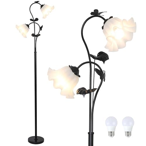 HMVPL Black Floor Lamp for Living Room, Flower Standing Lamp with 2 LED 5W Blubs, Foot Switch, Floral Tall Lamp with Acrylic Shade, Antique Lotus Flower Floor Lamp for Living Room Office Reading - Image 1