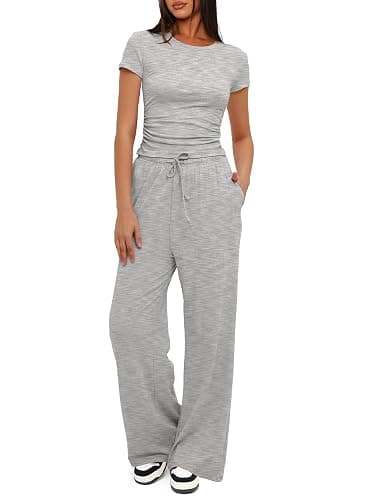 Darong Women's 2 Piece Set Outfits Lounge Sets Ruched Short Sleeve Tops High Waisted Wide Leg Pants Tracksuit Sets - Image 1