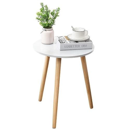 Apicizon Round Side Table, White Bedside Table Coffee End Table for Bedroom, Living Room, Small Spaces, Easy Assembly Nightstands with Natural Wood Legs, 16.5 x 20.5 Inches - Image 1