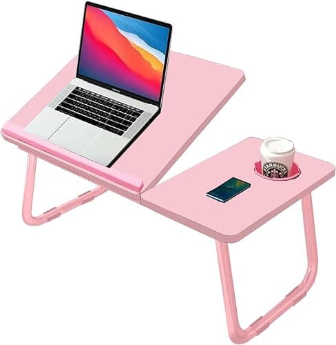 KKTECH Laptop Tray with Adjustable Angle, Space-Saving Bed Table with Foldable Legs, Cup Slot, Book Holder, Reading Stand, Versatile Laptop Table for Bed Use (PINK) - Image 1