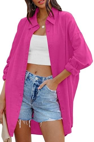 Small Womens Oversized Button Down Shirts Casual Loose Long Sleeve Solid Lapel Long Blouses Tops with Pockets - Image 1