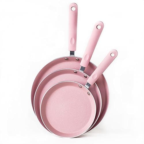 JUSTUP Nonstick Frying Pan Set,3 Piece Pots and Pans Set Nonstick,Pink Kitchen Cookware Sets with Non Stick Pan Coating,10 Inch,8 Inch and 6 Inch Non Stick Cooking Set Suitable for All Stoves (Pink) - Image 1