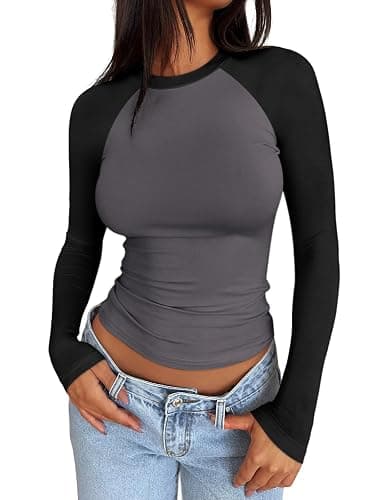Trendy Queen Women's Long Sleeve Shirts Slim Fit Stretchy Color Block Slightly Cropped Tops - Grey Black Combo - Large - Image 1