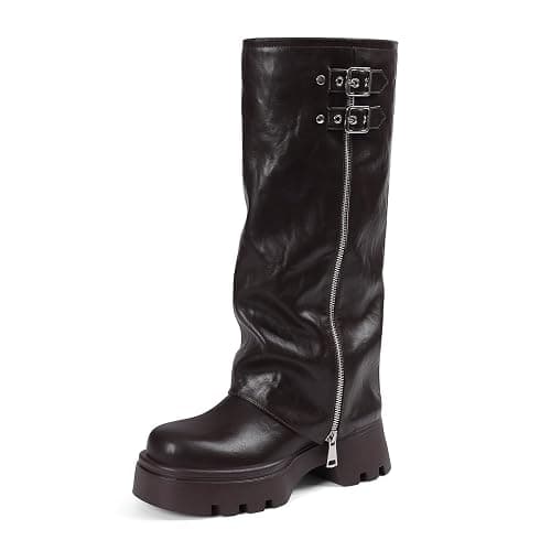 Lyrisiphy Wide Calf Fold Over Knee High Boots Women Platform Riding Boots | Combat Y2k Tall Boots, 1.97" Chunky Heel, Side Zipper & Metal Buckles, Thickened Faux Leather, Festival Concert Punk Rave - Image 1