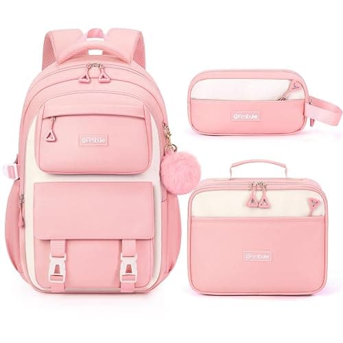 Fimibuke Backpacks for Girls, 3 PCS Waterproof School Backpack with Lunch Box & Pencil Pouch for Kids Teen Girl, Cute Bookbag School Bag for Elementary Middle High School Student Ages 6+(Pink) - Image 1