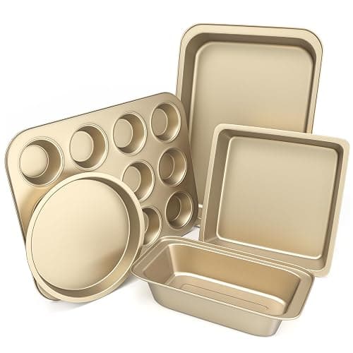 CasaCulina Baking Pans Set, 5-Piece Nonstick Bakeware Sets with Round/Square Cake Pan, Muffin Loaf Roast Pan, Baking Sheets for Oven, Kitchen Cookware Sets Baking Tray Baking Supplies, Gold - Gold - Image 1