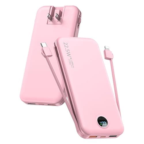 citicr Portable Charger Power Bank, 12000mAh 22.5W USB C Fast Charging with Built-in Cables and Wall Plug, Travel Essential Battery Pack with LED Display for iPhone, iPad, Samsung Pink - Image 1