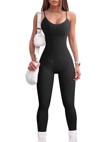 YIOIOIO Women Workout Seamless Jumpsuit Yoga Ribbed Bodycon One Piece Spaghetti Strap Leggings Romper - Medium - 01black - Image 1