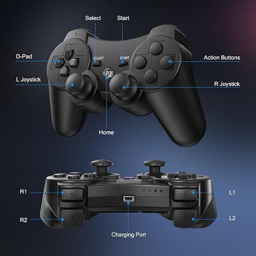 Yinjie 2 Pack Wireless Controller for PS3, Compatible with Playstation 3, with 2 Charging Cables - Black - Image 1